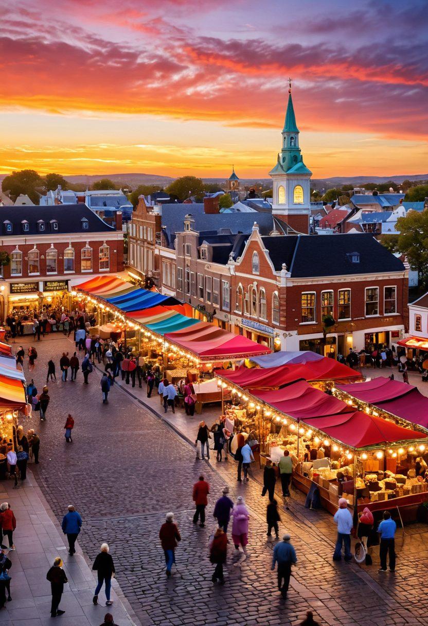 A lively town square filled with diverse people engaging in various activities, showcasing local events like street fairs, food stalls, and musicians performing. Bright banners and colorful decorations adorn the square, symbolizing community spirit. The background features charming local shops and a historic building, radiating warmth and vibrancy. The scene captures a beautiful sunset, enhancing the inviting atmosphere. super-realistic. vibrant colors. 3D.