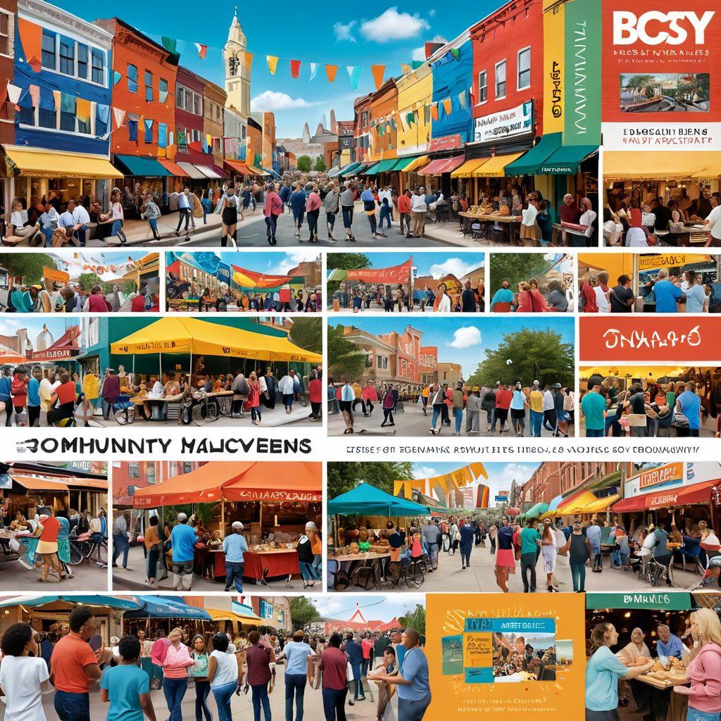 A dynamic collage featuring a bustling community event scene with people engaging in various activities. Include vibrant banners displaying local news headlines, a diverse group of residents discussing, food stalls serving treats, and a backdrop of local landmarks. Highlight the sense of community and inclusivity with joyful expressions. Add a warm color palette to evoke a friendly atmosphere. super-realistic. vibrant colors. 3D.